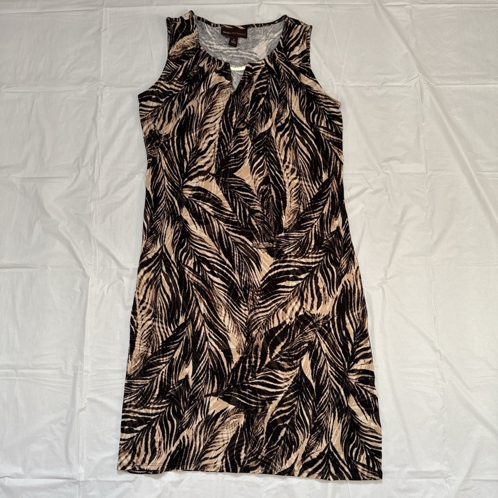 Dana Buchman Womens Brown Tan Tropical Leaf Keyhole‎ Sleeveless Shift Dress S